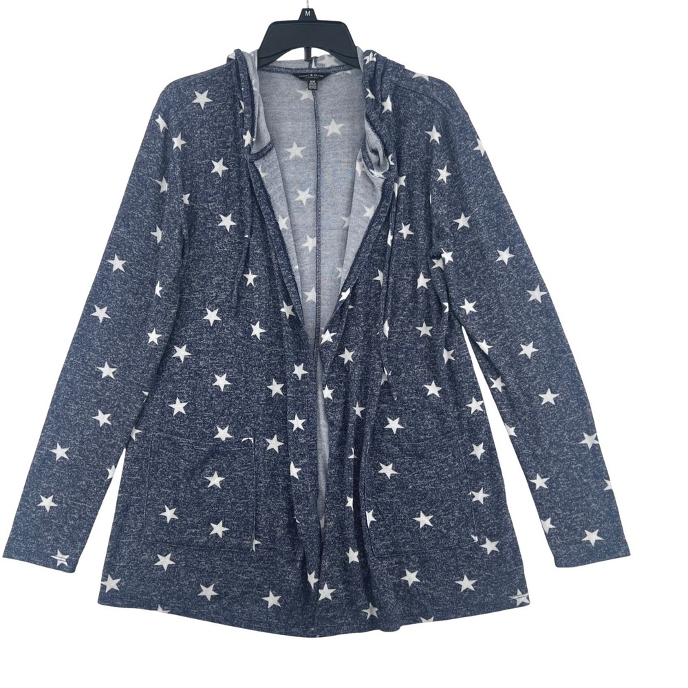 Lucky‎ Brand Cardigan Celestial Star Size M Blue Hooded Open Front Pockets